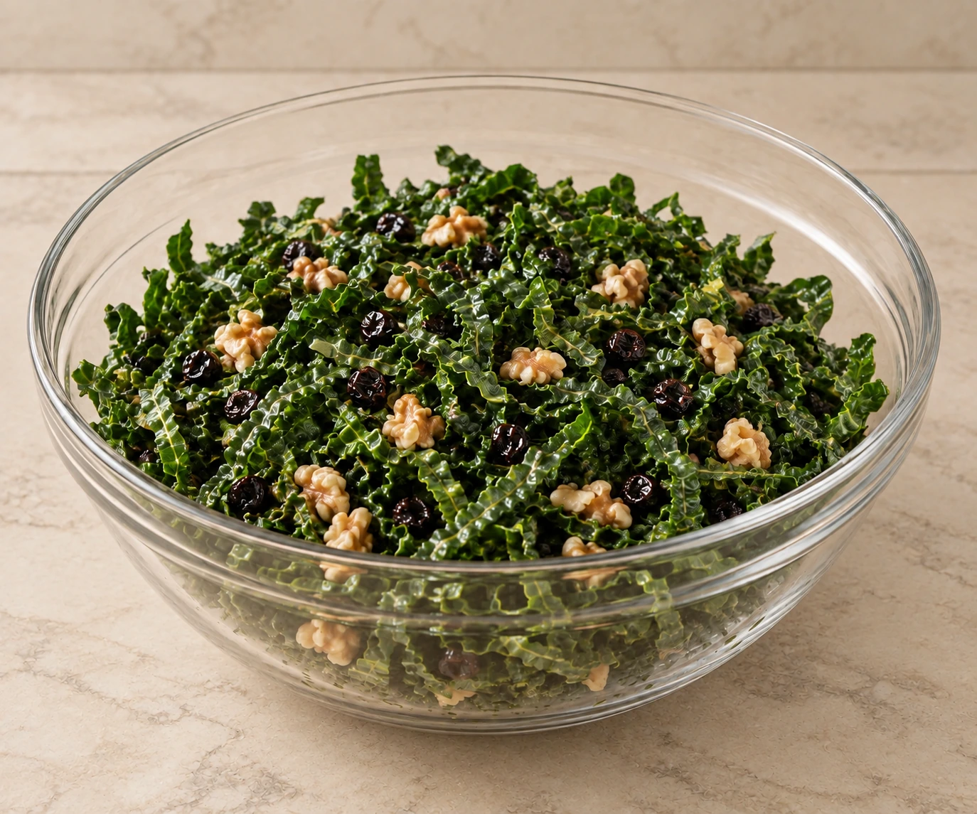 Thin kale, cooled currants and prepared walnuts lightly dressed before Pecorino