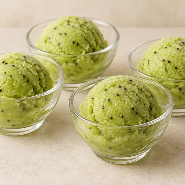 Exactly four clear glass bowls of scoopable bright-green kiwi sorbet
