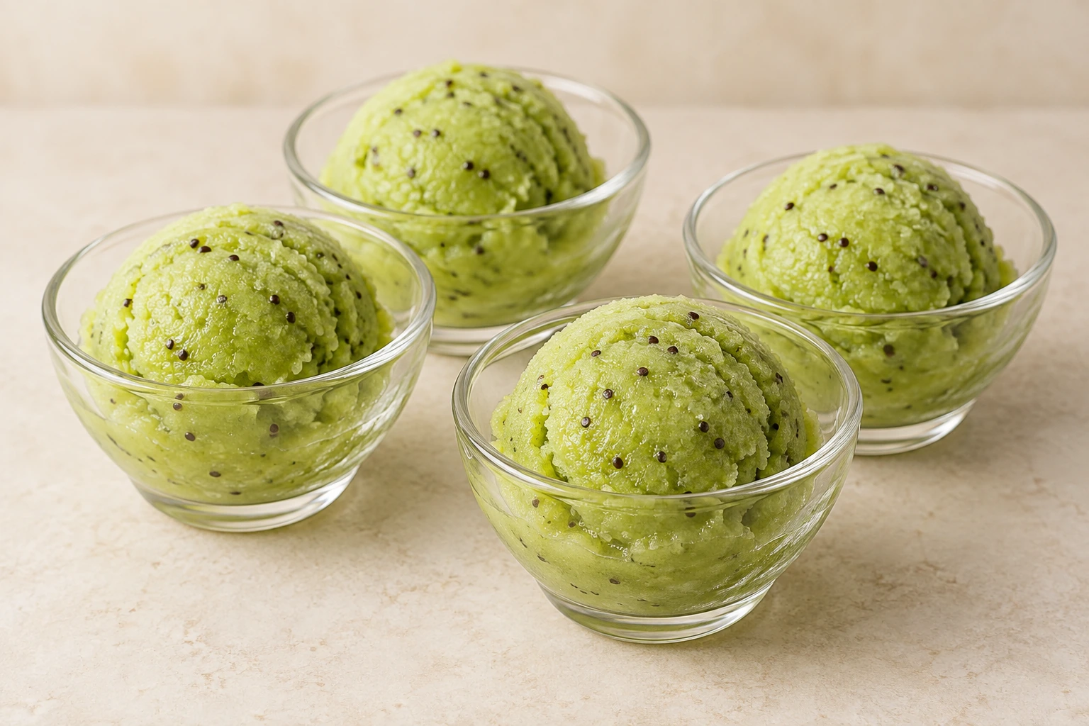 Exactly four clear glass bowls of scoopable bright-green kiwi sorbet