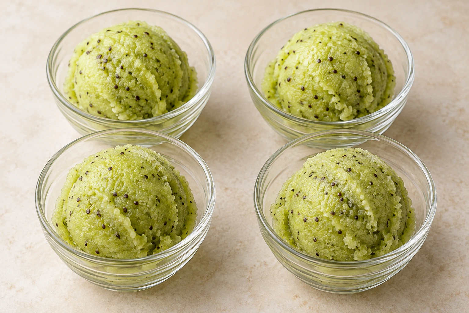 Near-overhead view of exactly four clear glass bowls of kiwi sorbet