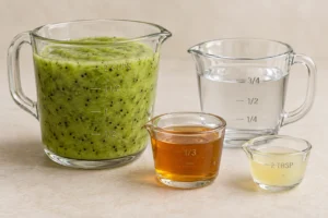 Two cups kiwi puree with three-quarter cup water, one-third cup honey, and two tablespoons lemon juice