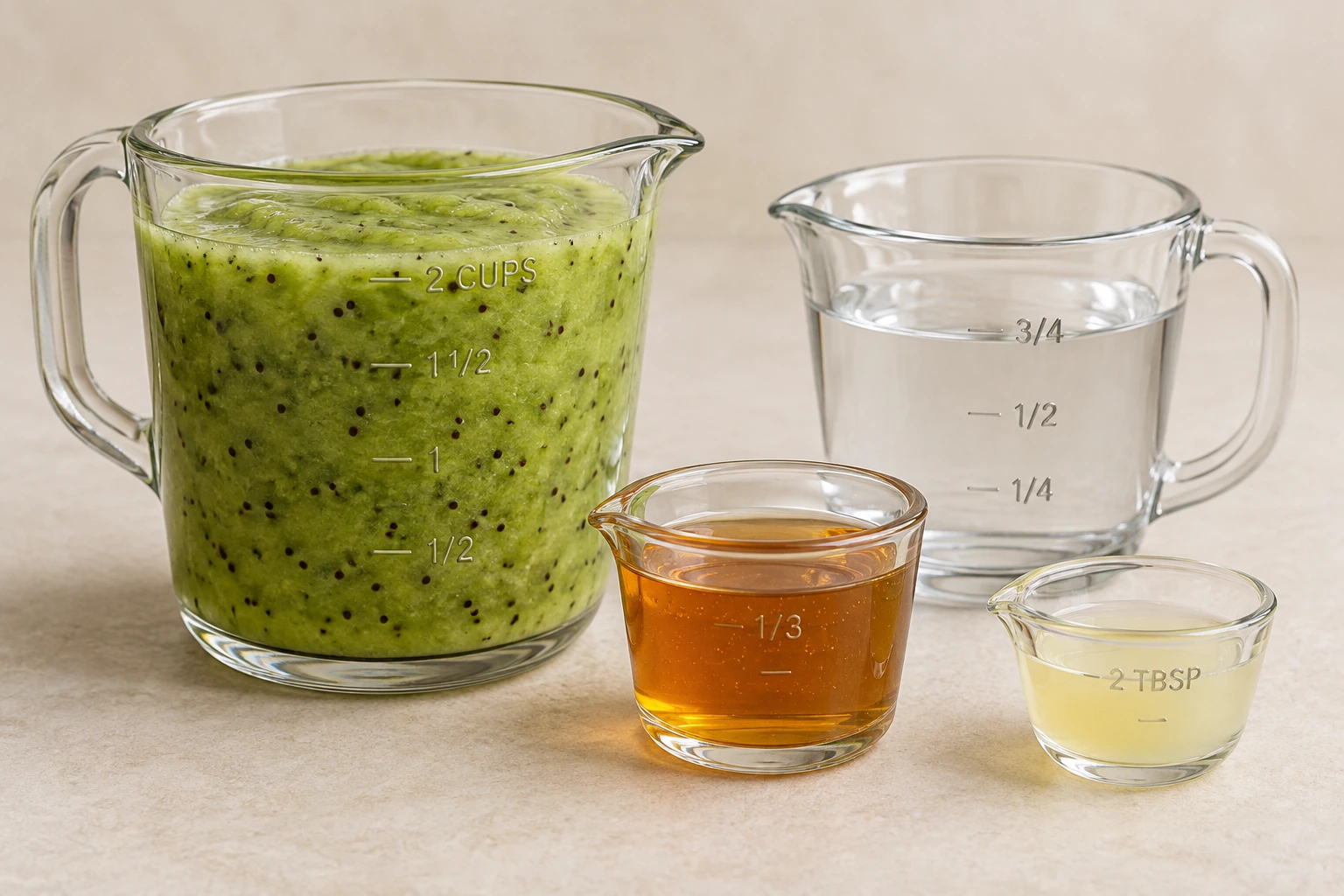 Two cups kiwi puree with three-quarter cup water, one-third cup honey, and two tablespoons lemon juice