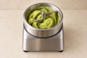 Kiwi sorbet at the scoopable endpoint in a stainless ice-cream-maker bowl