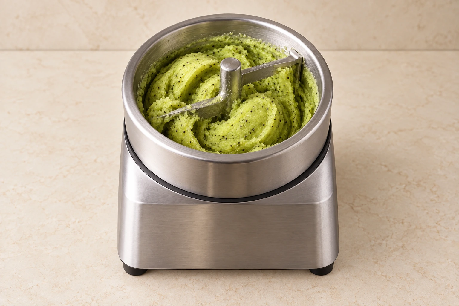 Kiwi sorbet at the scoopable endpoint in a stainless ice-cream-maker bowl