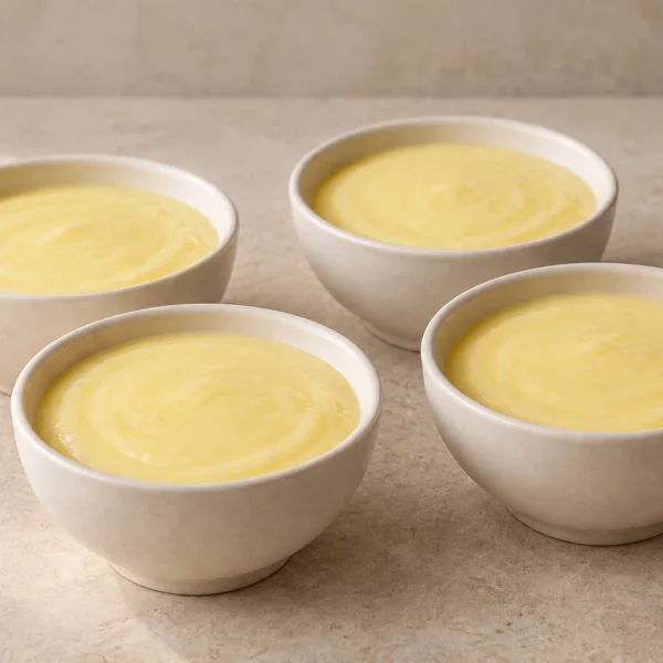 Four egg-free lemon cream pots set in warm ivory ceramic bowls