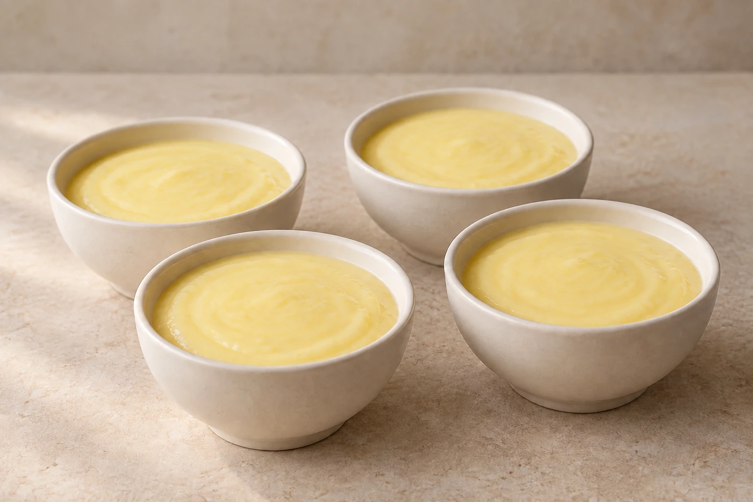 Four egg-free lemon cream pots set in warm ivory ceramic bowls
