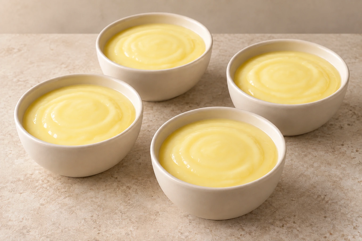 High three-quarter view of four softly set lemon cream pots