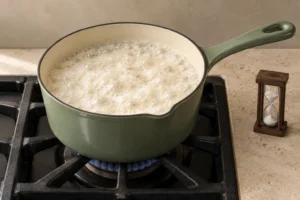 Cream and honey at a full boil in an Artichaut saucepan beside a supported timer