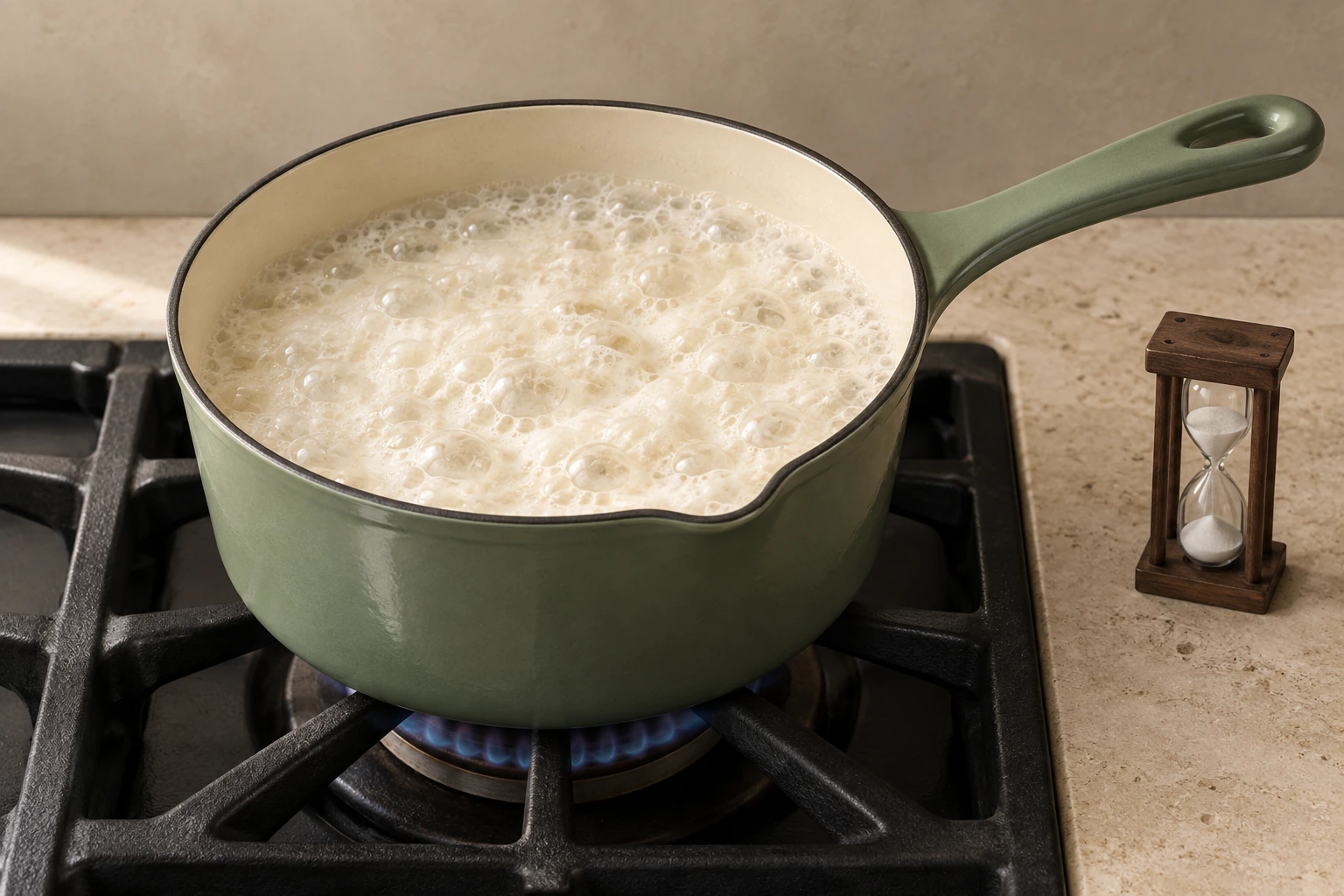 Cream and honey at a full boil in an Artichaut saucepan beside a supported timer