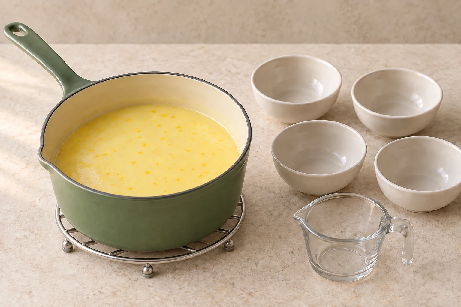 Off-heat lemon cream with dispersed zest beside four empty bowls