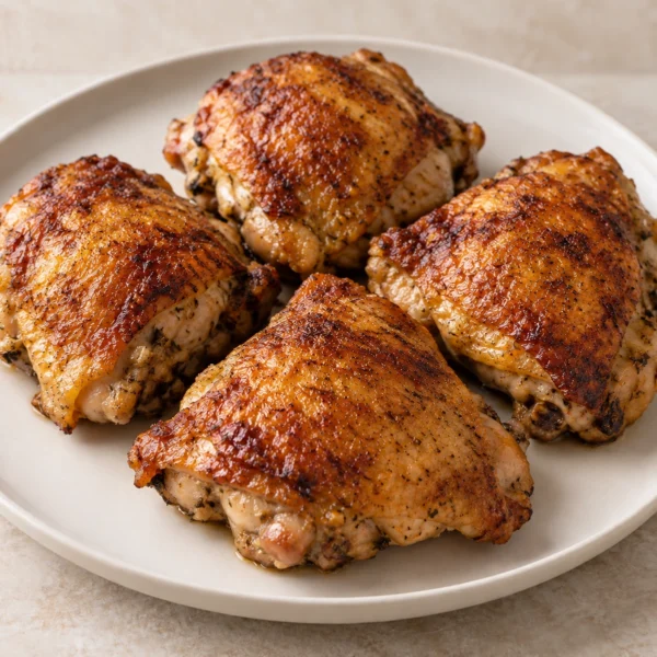 Exactly four golden crisp lemon-thyme chicken thighs on a supported warm-white ceramic platter