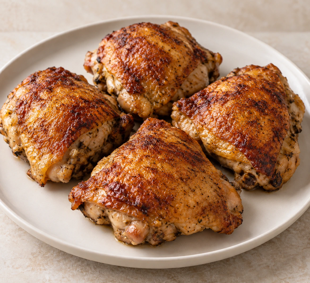 Exactly four golden crisp lemon-thyme chicken thighs on a supported warm-white ceramic platter