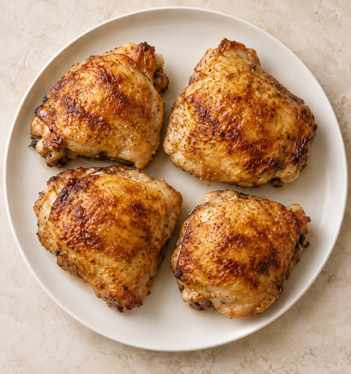 Near-overhead view of exactly four finished lemon-thyme chicken thighs on one supported platter