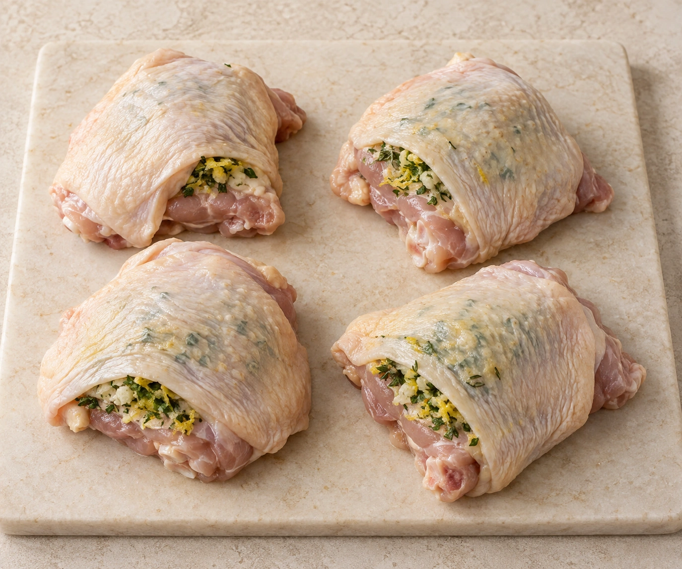 Exactly four raw chicken thighs with measured lemon-herb mixture beneath attached skin on a fully supported pale stone board