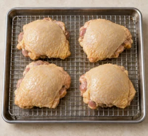 Exactly four ghee-coated raw chicken thighs skin-side up on a supported stainless rack and rimmed sheet pan