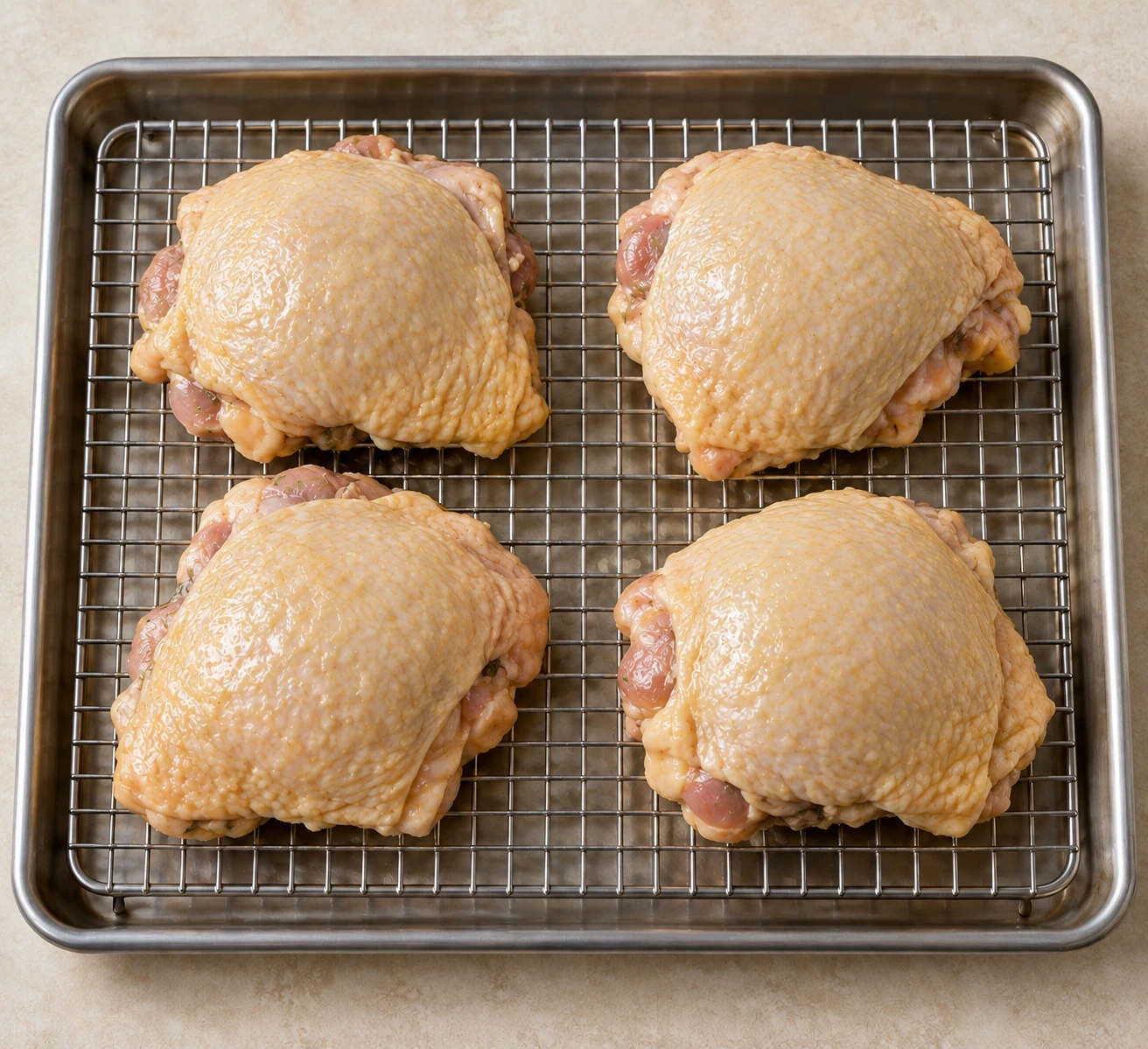 Exactly four ghee-coated raw chicken thighs skin-side up on a supported stainless rack and rimmed sheet pan