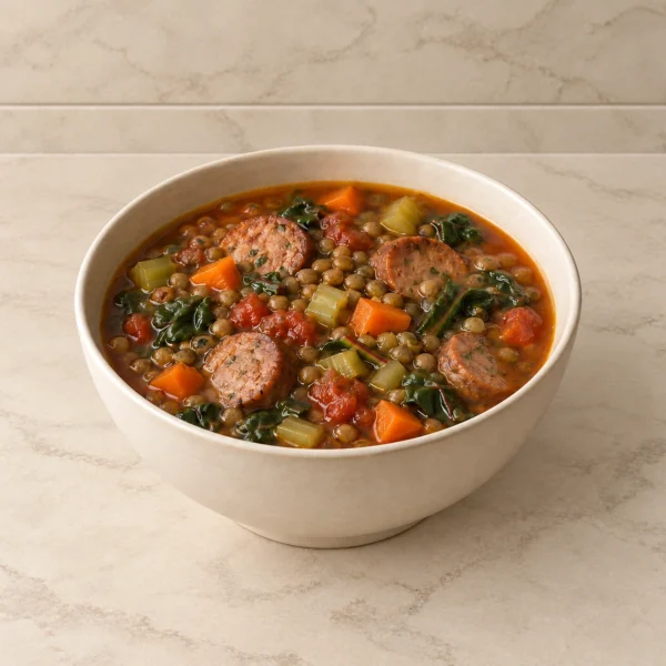 Finished lentil soup with Swiss chard and sausage-link coins in a cream bowl