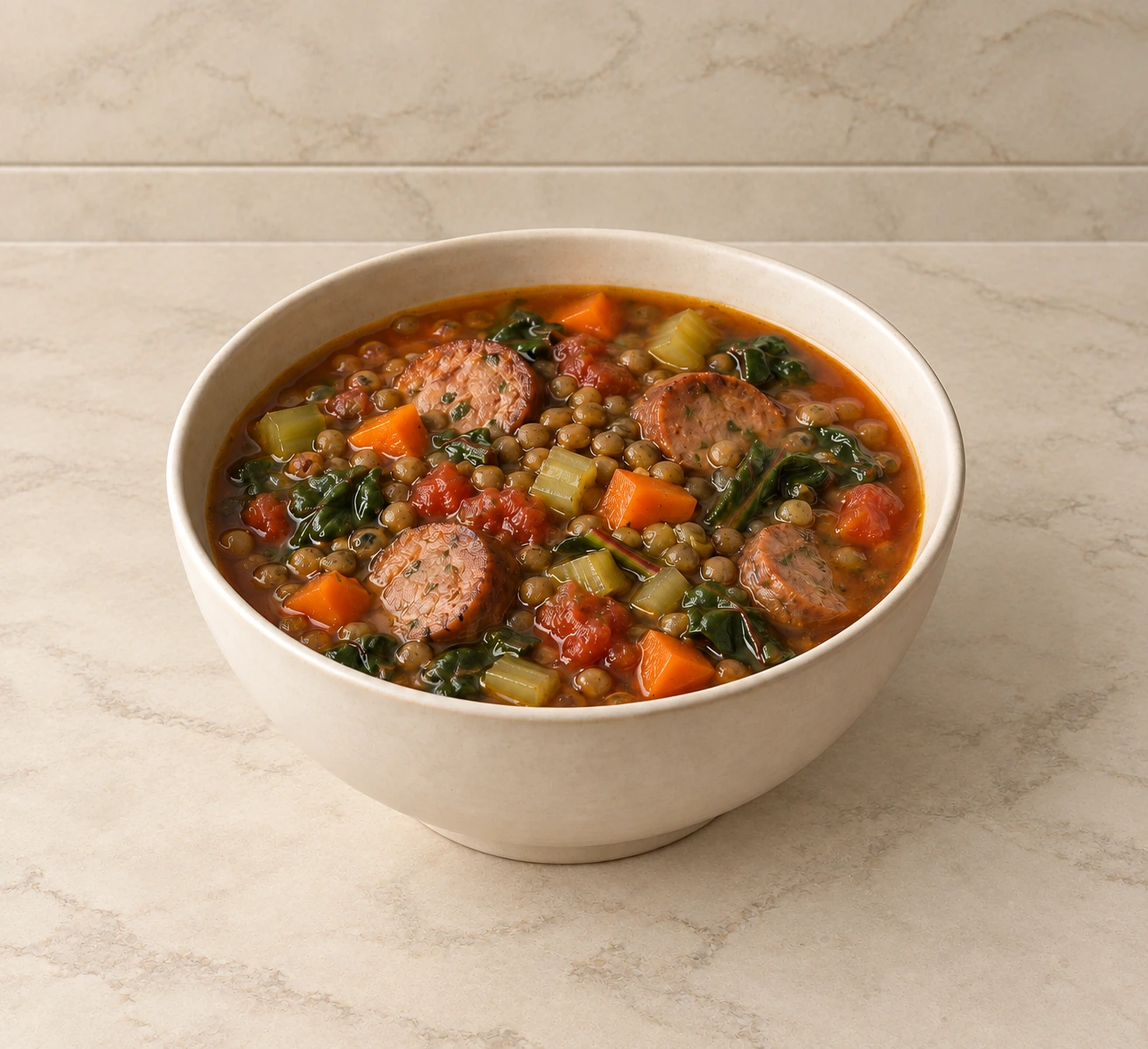 Finished lentil soup with Swiss chard and sausage-link coins in a cream bowl