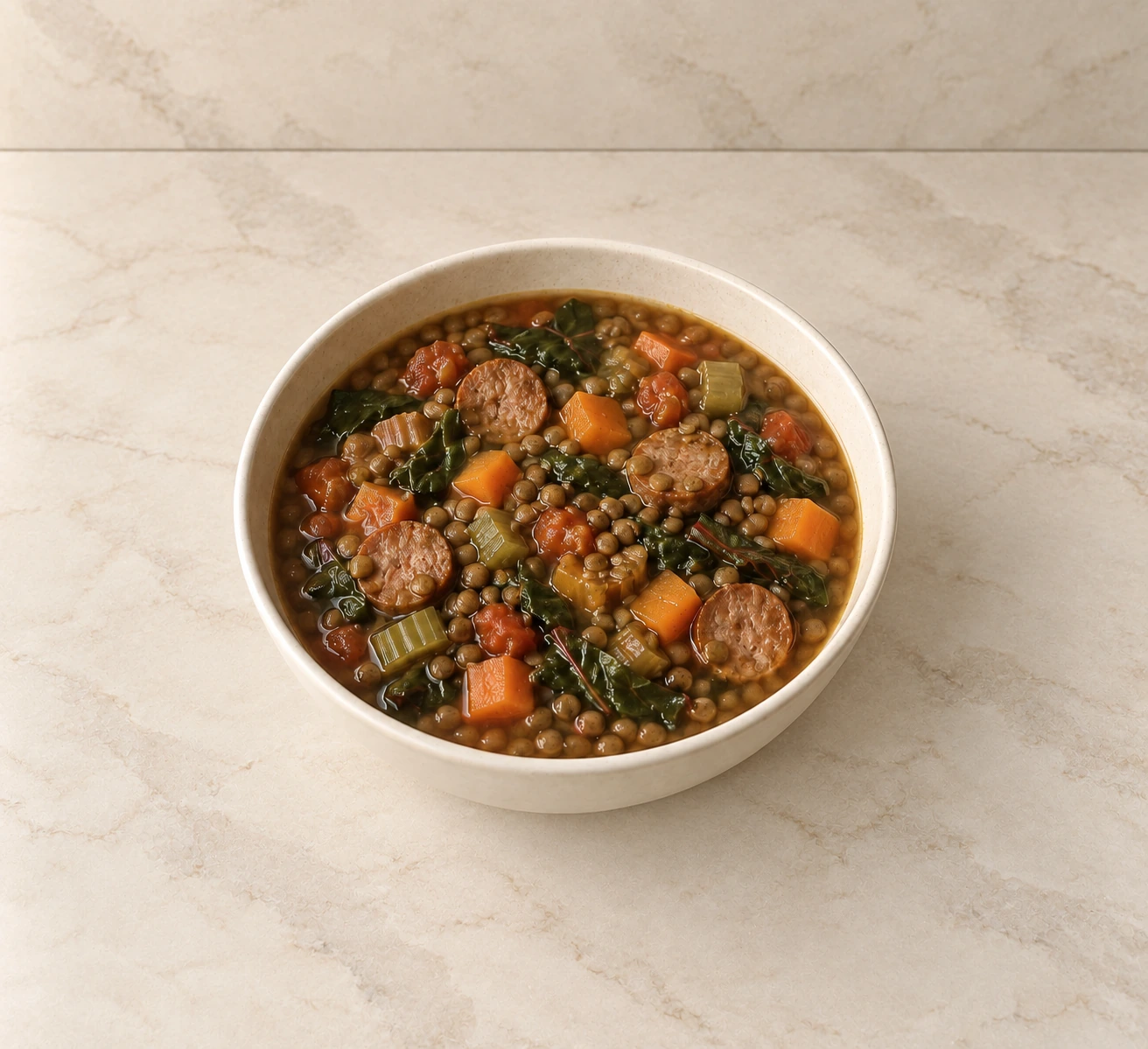 Near-overhead view of lentil soup with Swiss chard and sausage-link coins