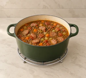 End-of-simmer texture check after removing lentil and sausage soup from heat, before Swiss chard