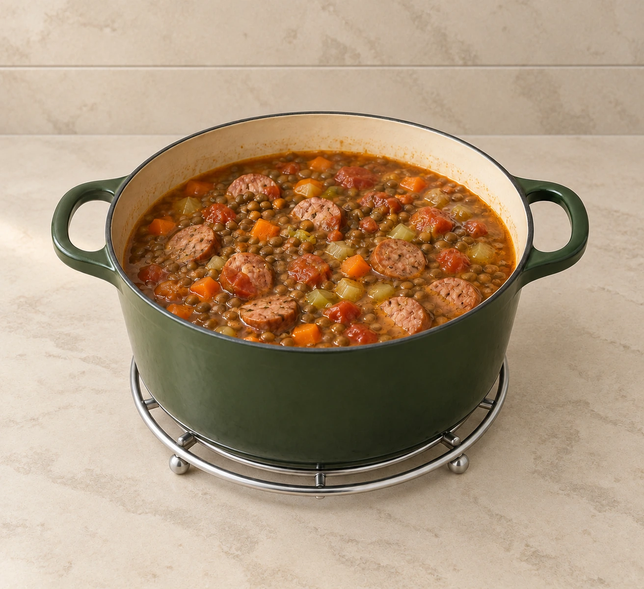 End-of-simmer texture check after removing lentil and sausage soup from heat, before Swiss chard