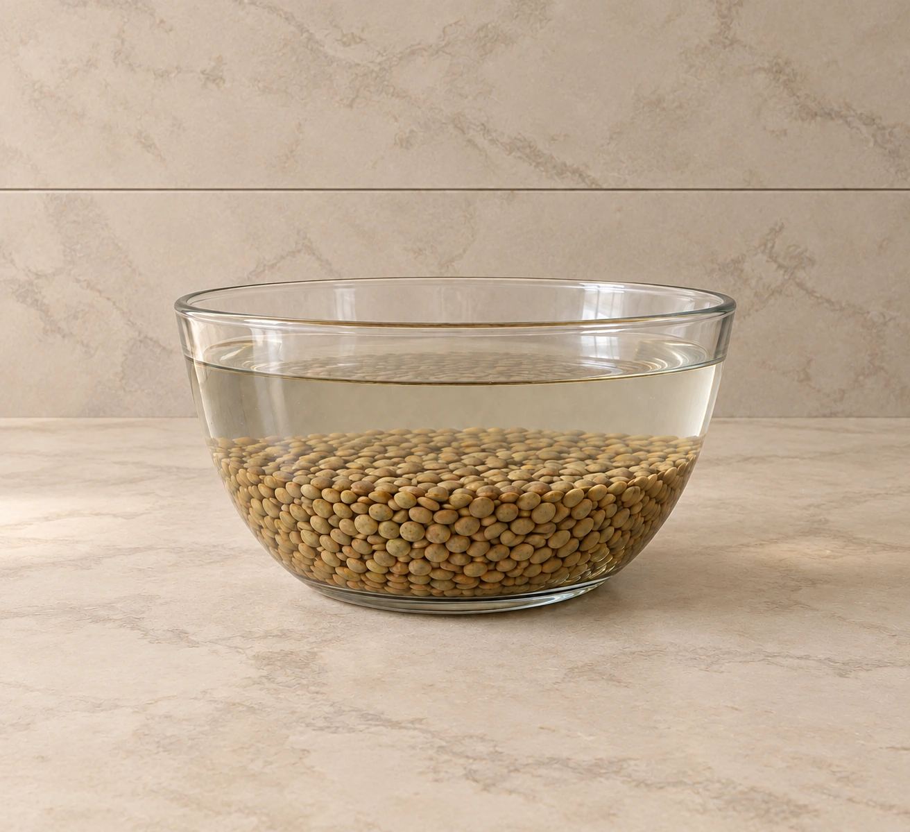 Lentil soaking design with dry lentils deeply covered by water in a glass bowl