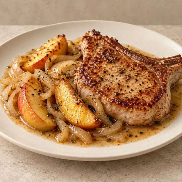 Pan-seared pork chop with buttery apples, onions and light pan sauce