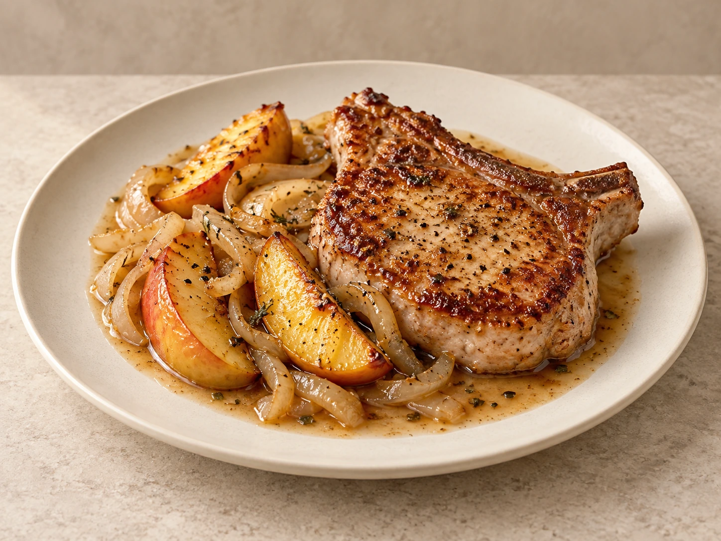 Pan-seared pork chop with buttery apples, onions and light pan sauce