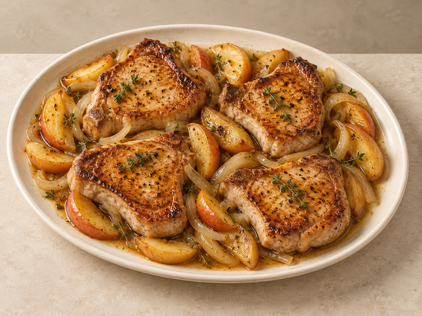 Four pork chops with cooked apples and onions on a serving platter