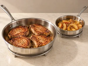 Exactly four browned pork chops resting in a supported stainless pan beside cooked apples and onions