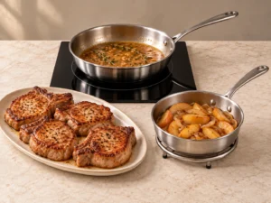 Light thyme pan sauce reducing in a supported stainless pan beside four resting pork chops and cooked apples