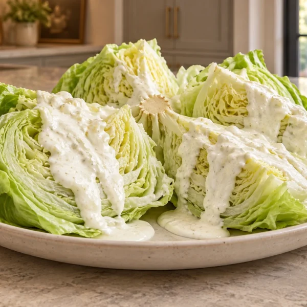 Cold iceberg wedges with thick homemade garlic yogurt dressing in the WFLI kitchen