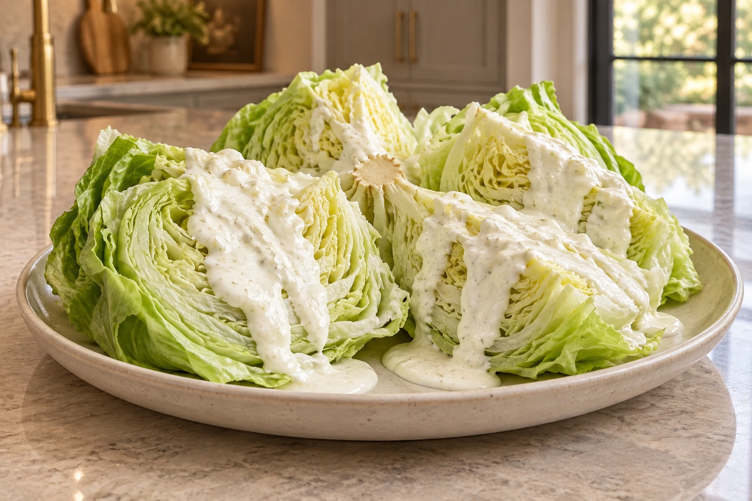 Cold iceberg wedges with thick homemade garlic yogurt dressing in the WFLI kitchen