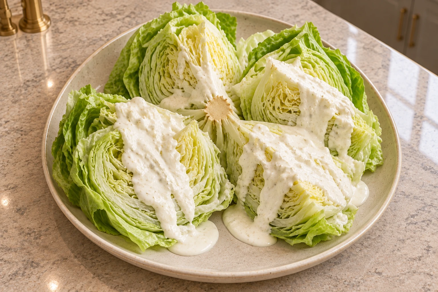 High-angle view of iceberg wedges dressed with garlic yogurt dressing