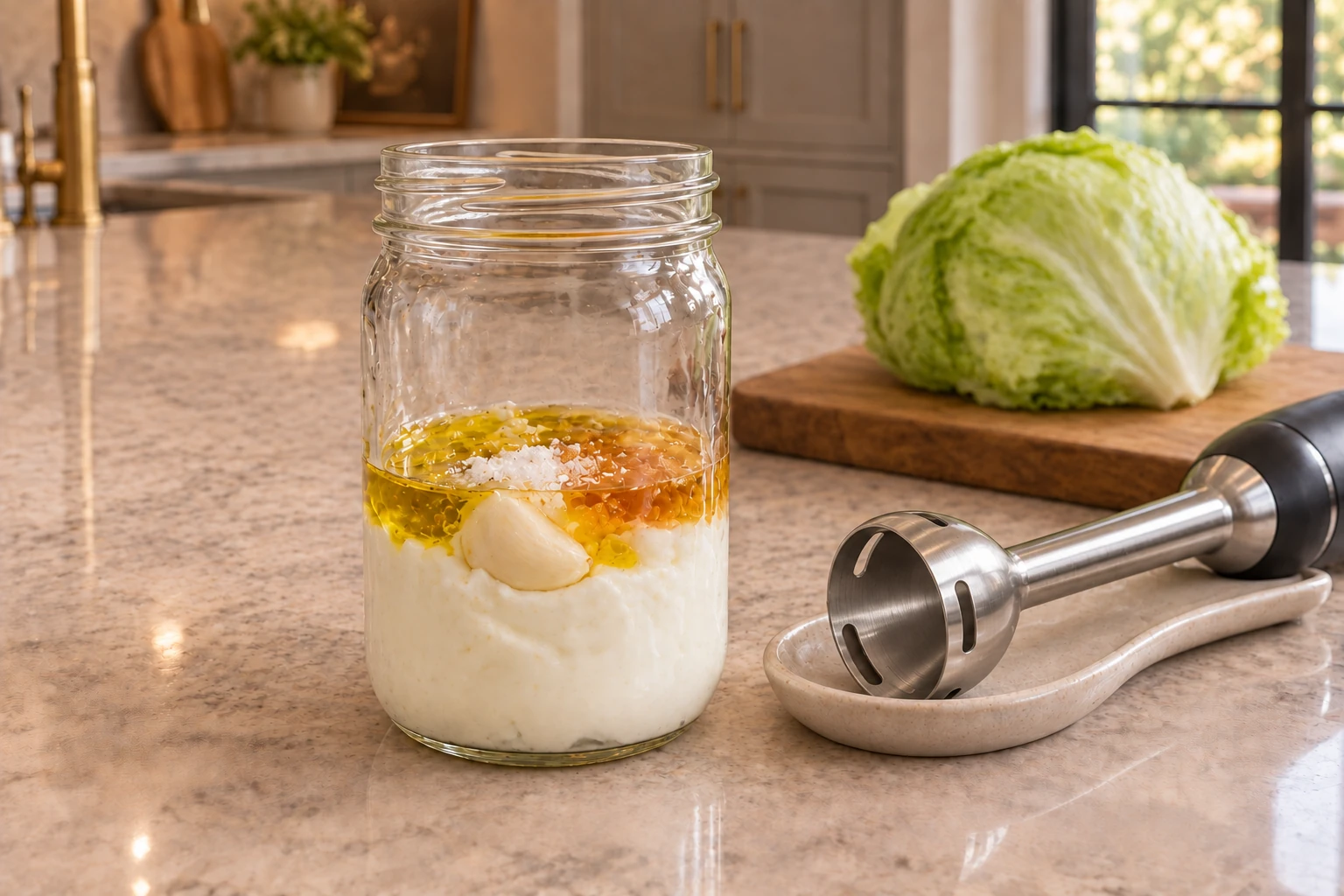 Yogurt, garlic, vinegar, olive oil and salt layered in a glass jar before blending