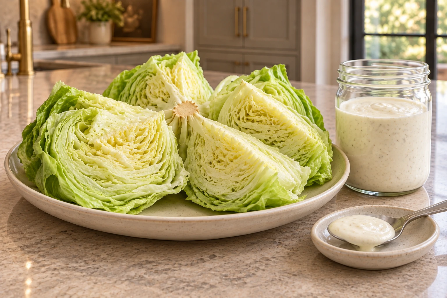 Undressed iceberg wedges beside smooth garlic yogurt dressing just before serving