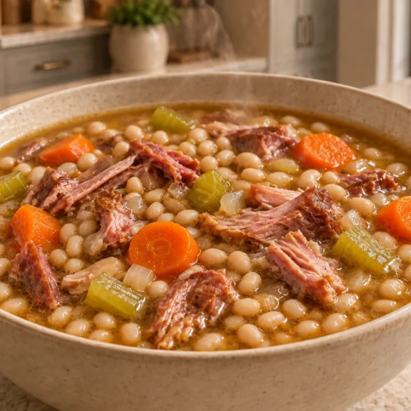 Close bowl of white navy bean and pork hock soup in the WFLI kitchen