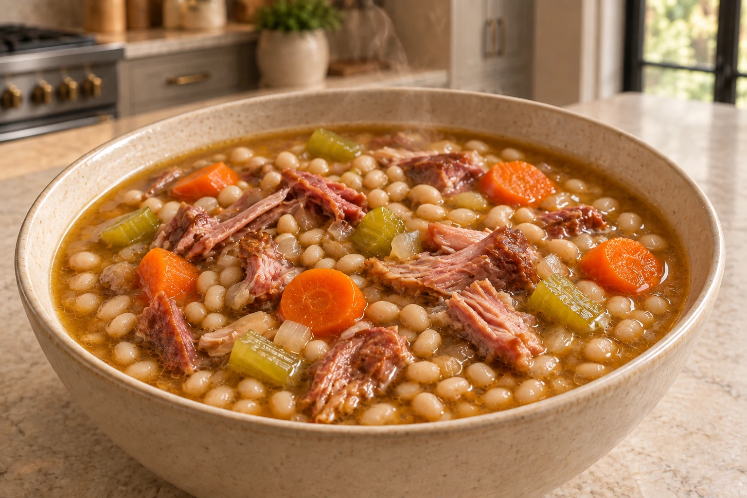 Close bowl of white navy bean and pork hock soup in the WFLI kitchen