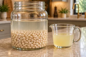 Soaked white navy beans submerged for fermentation beside homemade whey