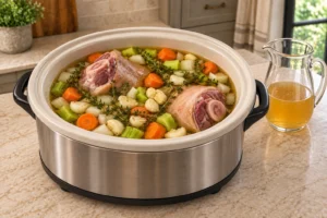 Two pork hocks, vegetables, thyme and chicken meat stock loaded in a slow cooker