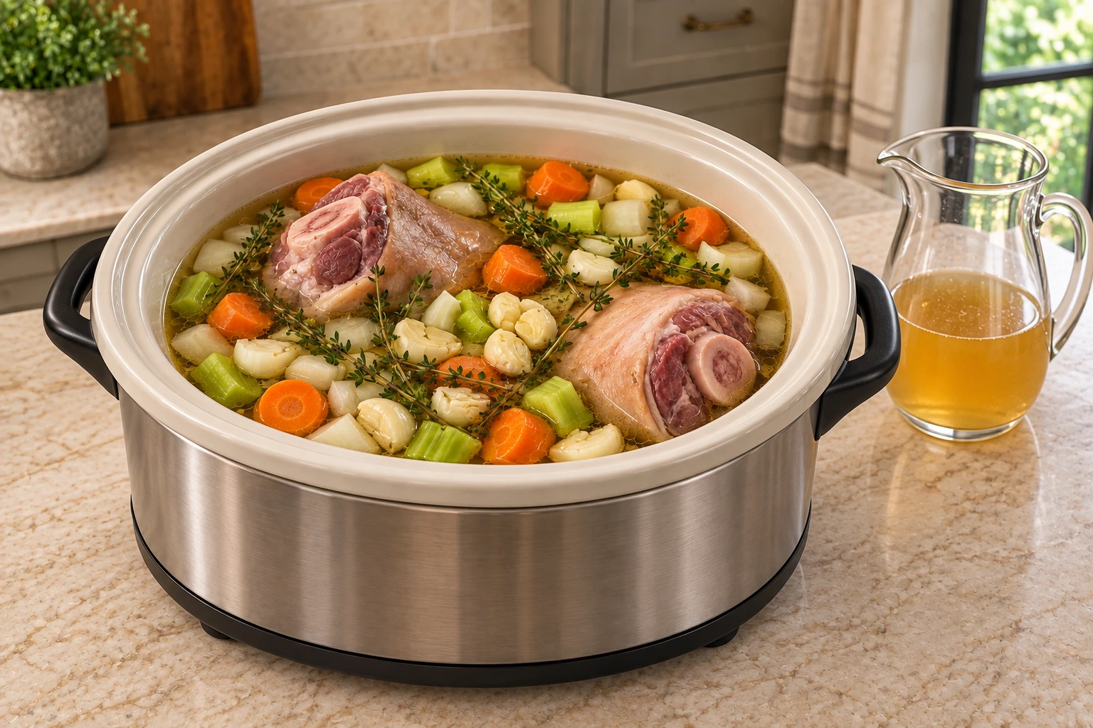 Two pork hocks, vegetables, thyme and chicken meat stock loaded in a slow cooker