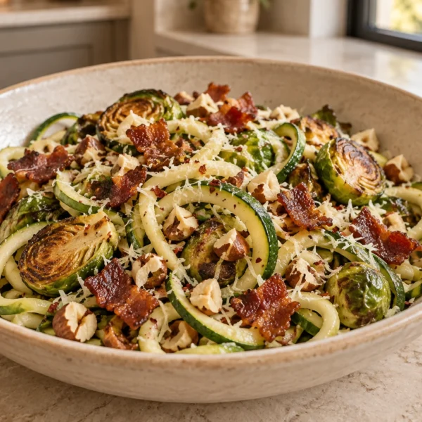 Close bowl of zucchini noodles with bacon, Brussels sprouts and prepared hazelnuts