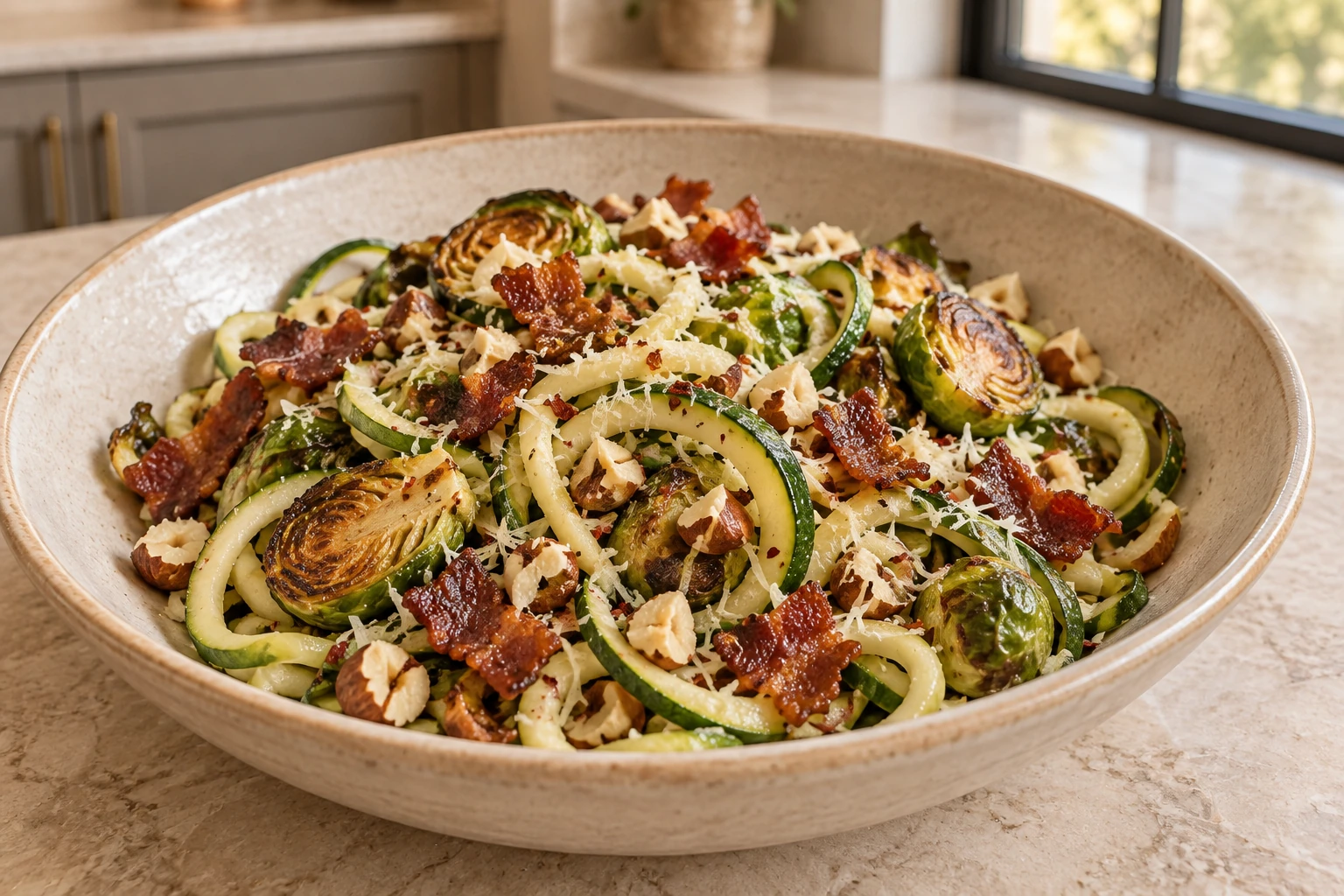 Close bowl of zucchini noodles with bacon, Brussels sprouts and prepared hazelnuts
