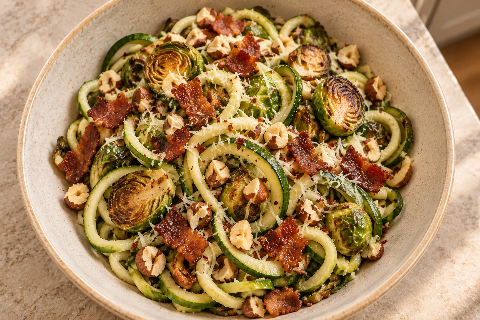 High-angle view of zucchini noodles with bacon, Brussels sprouts and hazelnuts