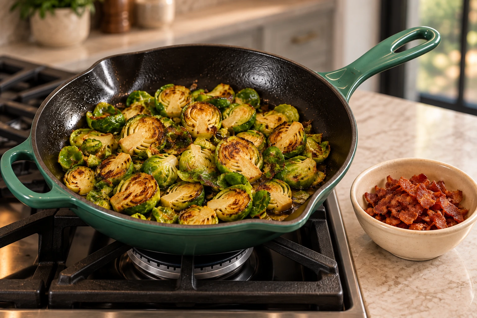 Brussels sprouts browning in an Artichaut skillet beside reserved crisp bacon
