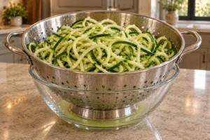 Salted zucchini noodles draining in a supported stainless colander