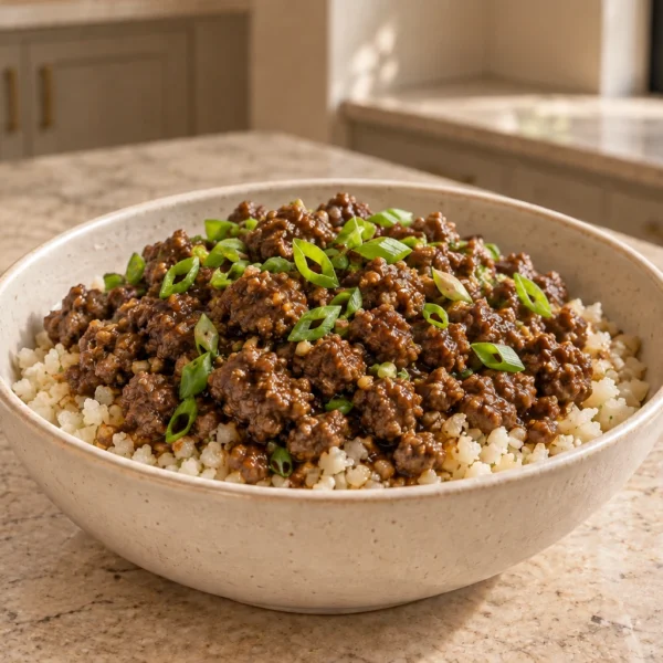 Close bowl of Full GAPS Asian beef over steamed cauliflower rice