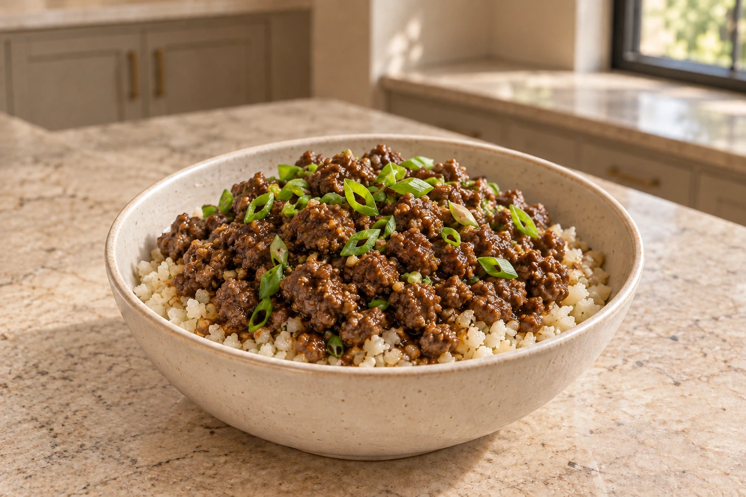 Close bowl of Full GAPS Asian beef over steamed cauliflower rice