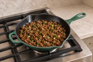 Ground beef coated in coconut aminos, ginger, garlic, and honey sauce in an Artichaut skillet