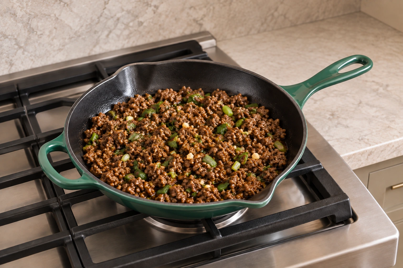 Ground beef coated in coconut aminos, ginger, garlic, and honey sauce in an Artichaut skillet